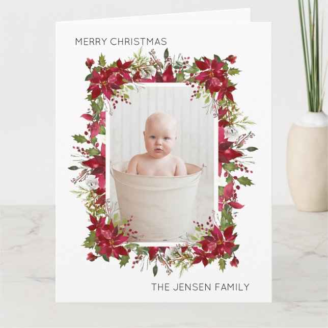 Carte Joyeux Noël Rouge Poinsettias Vert Blanc (Devant)