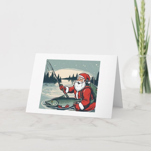 Carte Joyeux Noël Santa Claus Pêche Poissons (Devant)