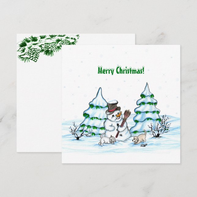 Carte Joyeux Noël ! Snowman avec chat et chiot (Devant / Derrière)