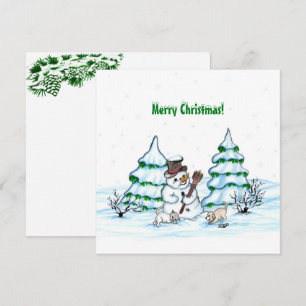 Carte Joyeux Noël ! Snowman avec chat et chiot