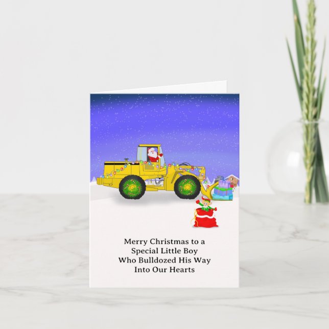 Carte Joyeux Noël spécial garçon Père Noël en bulldozer (Devant)