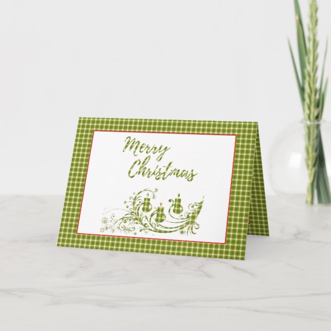 Carte Joyeux Noël vert rouge chèque plaid avec des bougi (Devant)