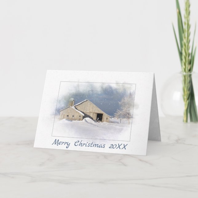 Carte Joyeux Noël vieille grange en flocons de neige (Devant)