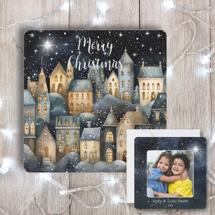 Carte Joyeux Noël Village Vintage Nom de la famille