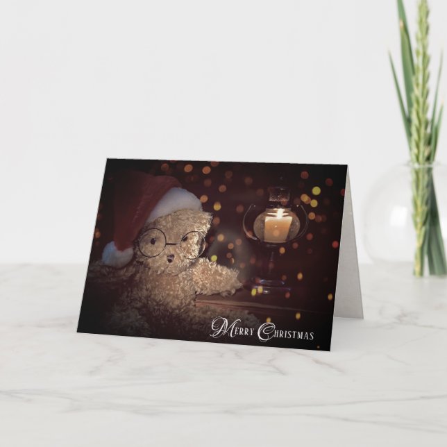 Carte Joyeux ours en peluche de Noël à la lueur d'une bo (Devant)