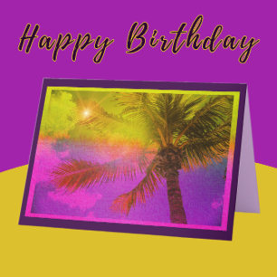 Carte Joyeux palmier et soleil violet anniversaire