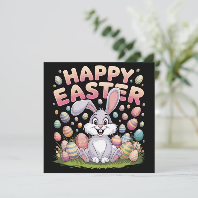 Carte Joyeux Pâques 2025 Oeufs Lapin mignon lapin lapin (Debout devant)