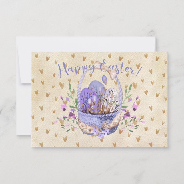 Carte Joyeux Pâques Aquarelle Oeufs Panier Coeurs (Devant)