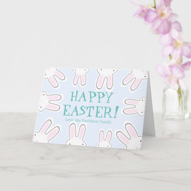 Carte Joyeux Pâques bleu pâle mignon lapin personnalisé  (Orchidée)