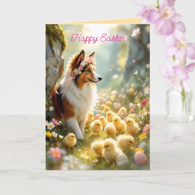 Carte Joyeux Pâques Collie et les poussins (Orchidée)