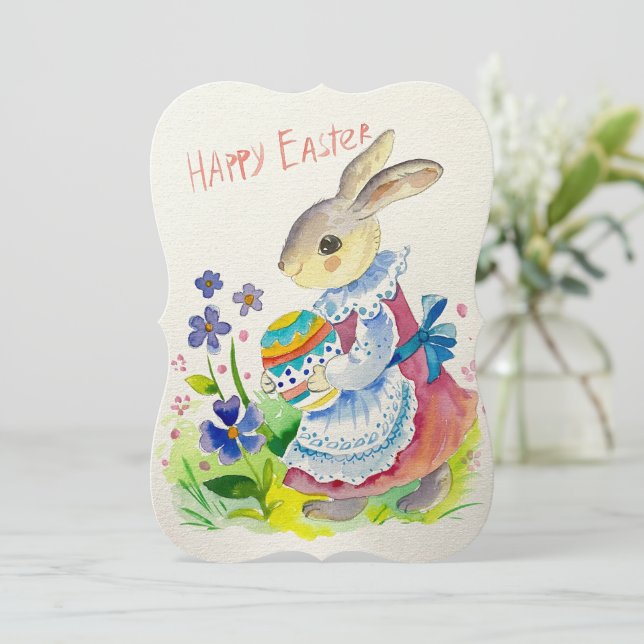 Carte Joyeux Pâques. Cute lapin blanc oeufs (Debout devant)