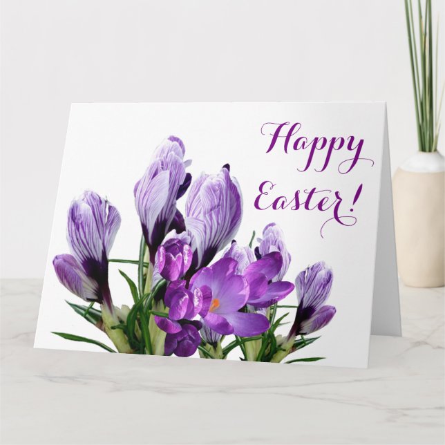 Carte Joyeux Pâques joli violet fleurs de crocus fleurie (Devant)