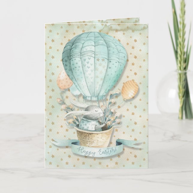 Carte Joyeux Pâques ! Watercolor Air Balloon et Bunny (Devant)