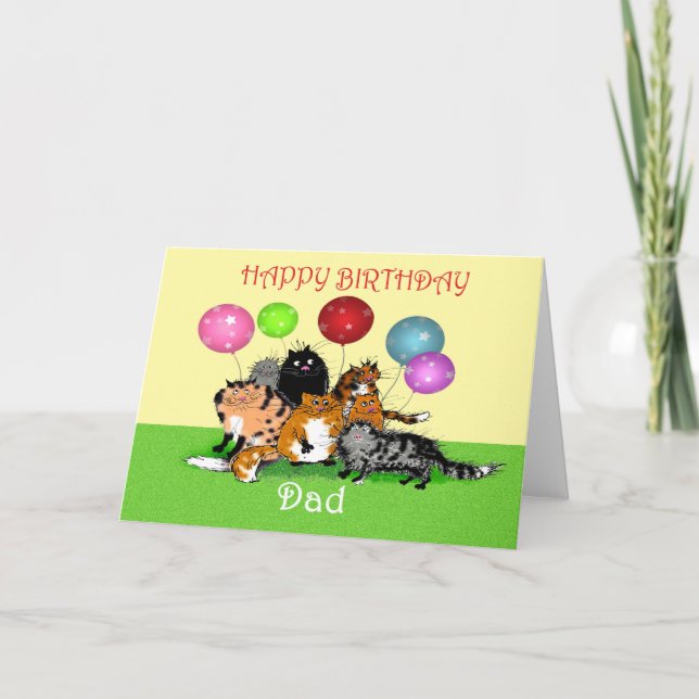 Carte Joyeux père anniversaire, chats et ballons. (Devant)