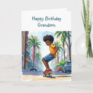 Carte Joyeux petit anniversaire | Garçon en vélo en vill