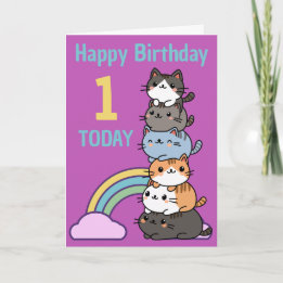 Carte Joyeux Premier (1er) Anniversaire Pile De Chats Av