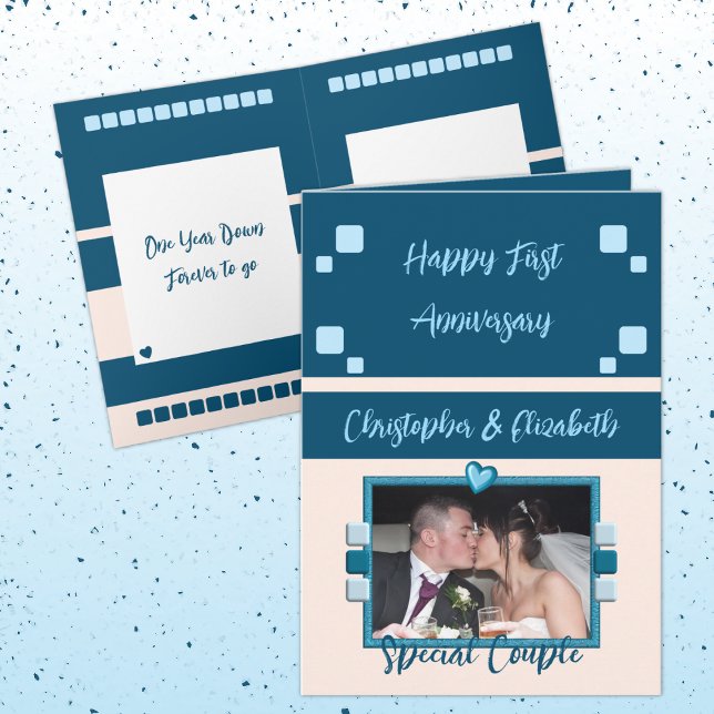 Carte Joyeux premier anniversaire ajouter photo bleu pêc (Créateur téléchargé)