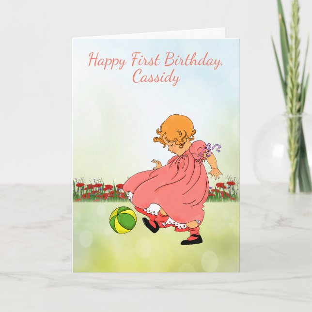 Carte Joyeux premier anniversaire, fille d'enfant en bas (Devant)