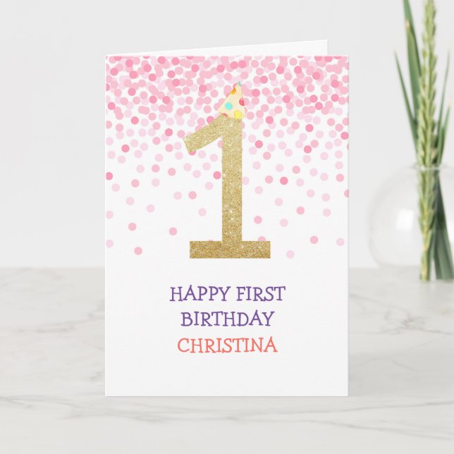 Carte Joyeux premier anniversaire fille rose Confetti Or (Devant)