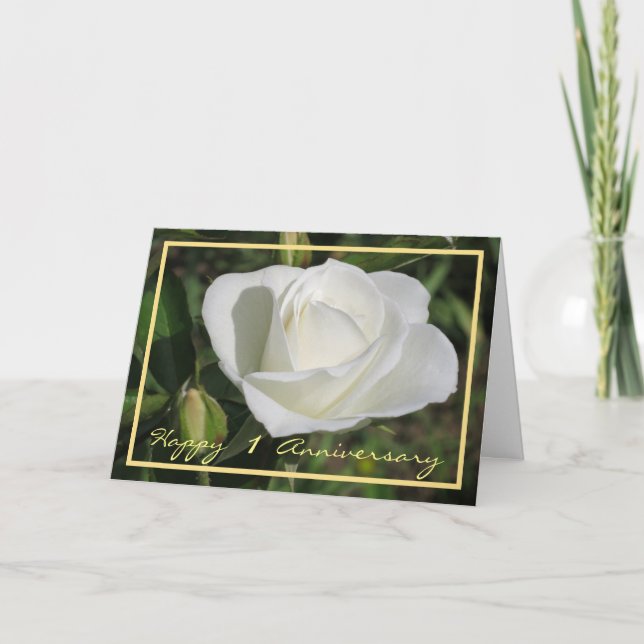 Carte Joyeux premier anniversaire Rose blanche élégante  (Devant)