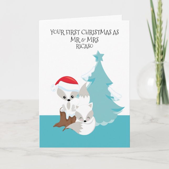 Carte Joyeux premier marié Noël mignon Fox Couple (Devant)