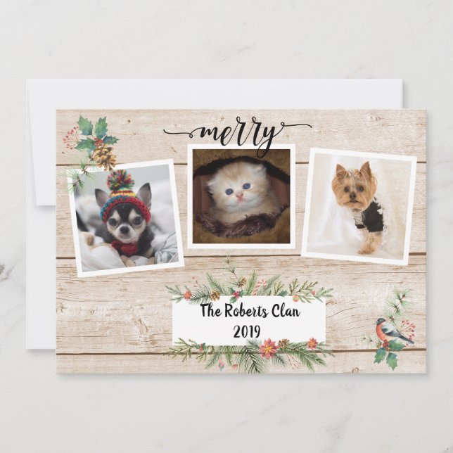 Carte Joyeux ! Russe Barnwood Trois Photo Holiday (Devant)