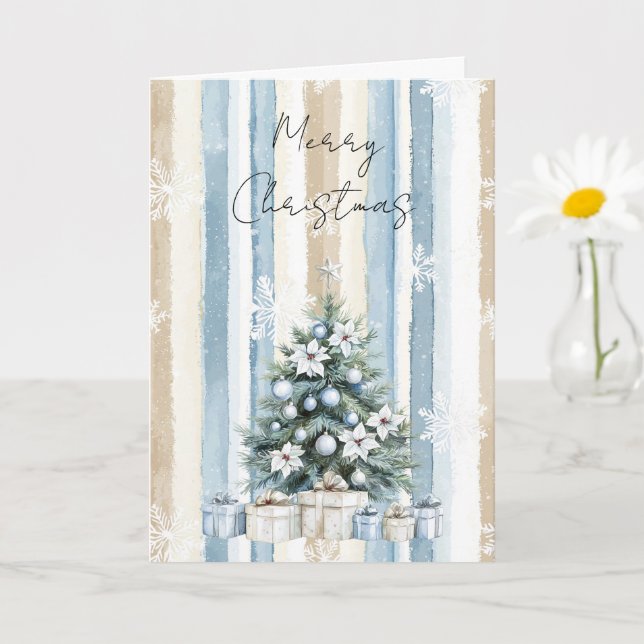 Carte Joyeux sapin de Noël Crème Bleue Flore Snowflakes (Petite plante)