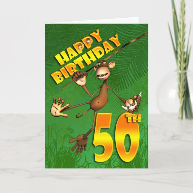 Carte Joyeux singe du 50e anniversaire en train de passe (Devant)