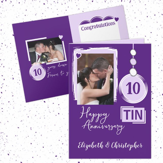 Carte Joyeux Tin 10e Anniversaire 2 noms de photo violet (Créateur téléchargé)