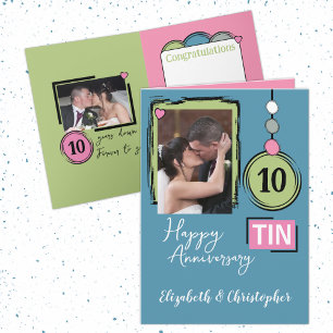 Carte Joyeux Tin 10e Anniversaire 2 noms photo bleu