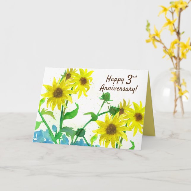 Carte Joyeux troisième anniversaire Tournesols aquarelle (Fleur jaune)