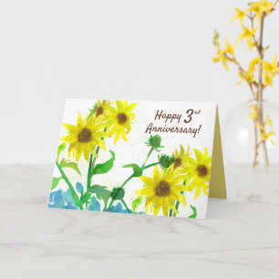 Carte Joyeux troisième anniversaire Tournesols aquarelle