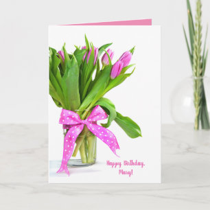 Carte Joyeux tulipes roses d'anniversaire dans un vase