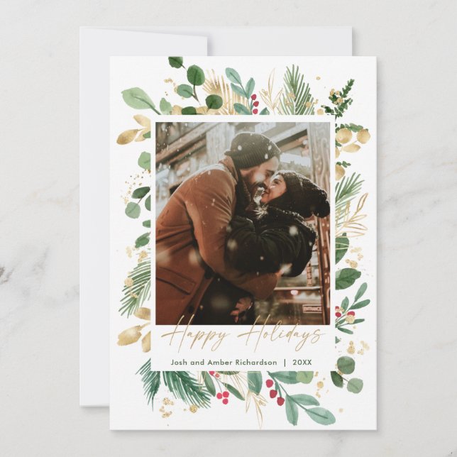 Carte Joyeux Vacances aquarelle verdure or rouge saint (Devant)