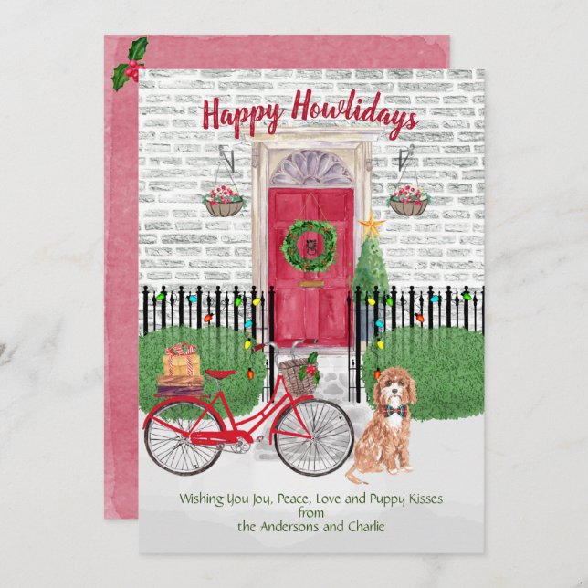 Carte Joyeux Vacances Cute Cavapoo Bicycle Porte Rouge (Devant / Derrière)