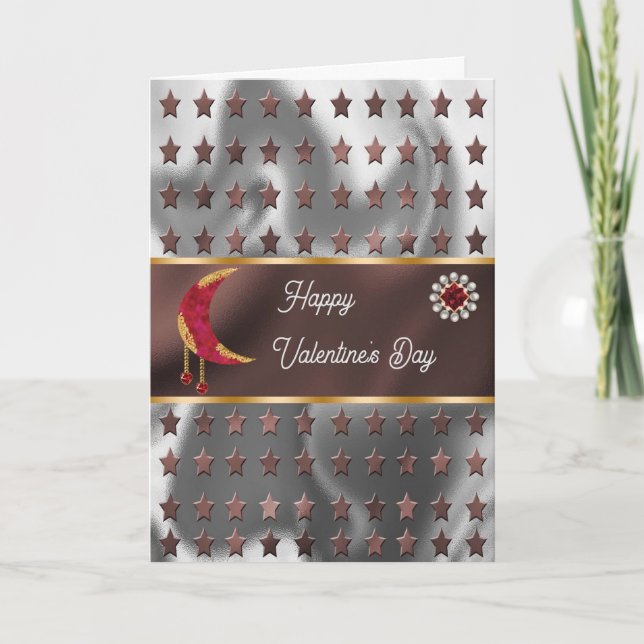 Carte Joyeux Valentine Red Moon Bijoux et étoiles (Devant)