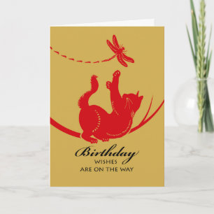 Carte Joyeux voeux d'anniversaire avec chat et libellule