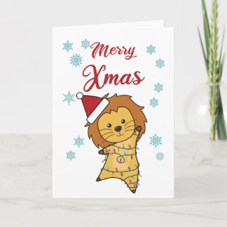 Carte Joyeux Xmas Lion neige Big Chat Fairy Lumières