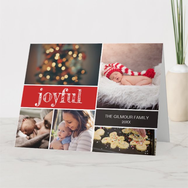 Carte Joyful Modern Script Red Christmas photo collage (Devant)