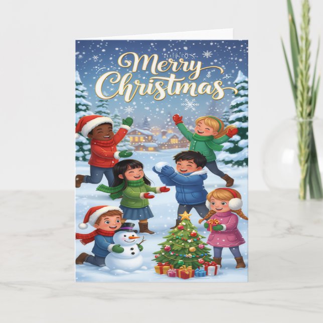 Carte Joyful Winter Fun – Kids’ Merry Christmas Card (Devant)