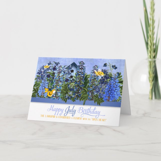 Carte Juillet Anniversaire Larkspur Jardin avec Birdhous (Devant)