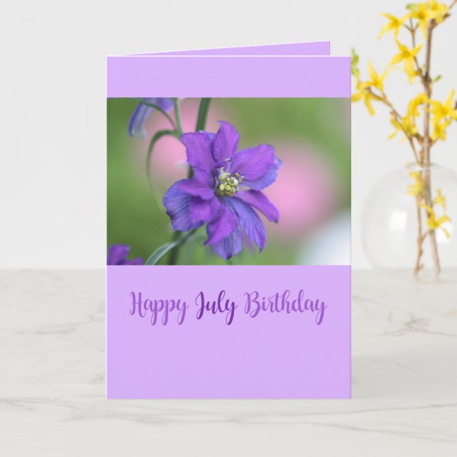 Carte Juillet Anniversaire Violet Larkspur Mois de naiss (Fleur jaune)