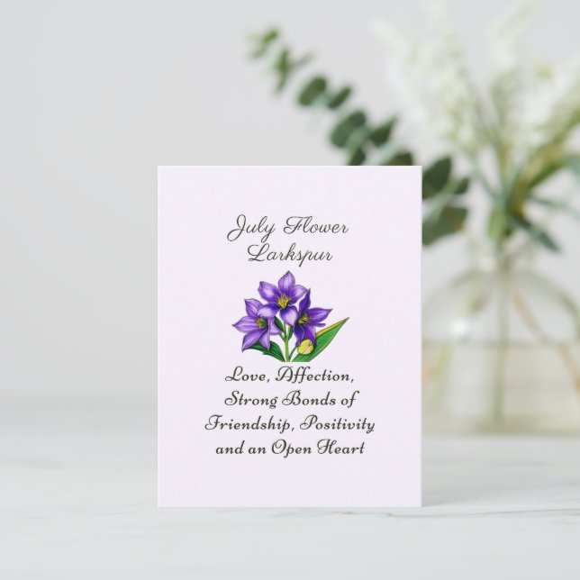Carte Juillet Mois de naissance Fleur Larkspur Floral Ar (Debout devant)