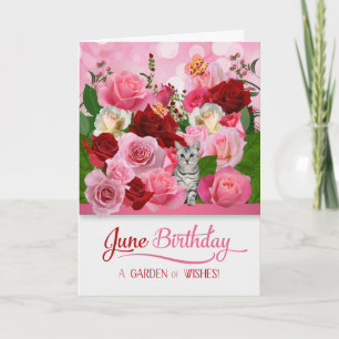 Carte Juin Anniversaire Kitty dans un jardin Rose