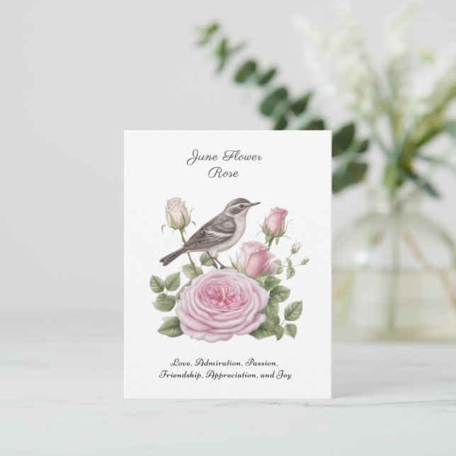 Carte Juin Mois de naissance Fleur Rose Élégant Annivers (Debout devant)