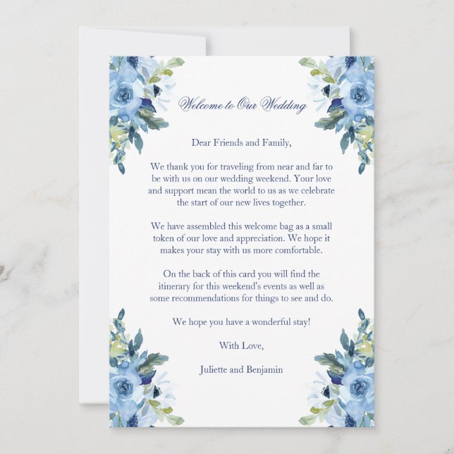 Carte Juliette Blue Mariage Bienvenue Lettre & Itinérair (Devant)