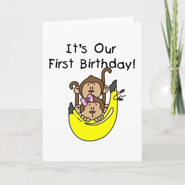 Carte Jumeaux - Jumeau et singe 1er anniversaire (Devant)
