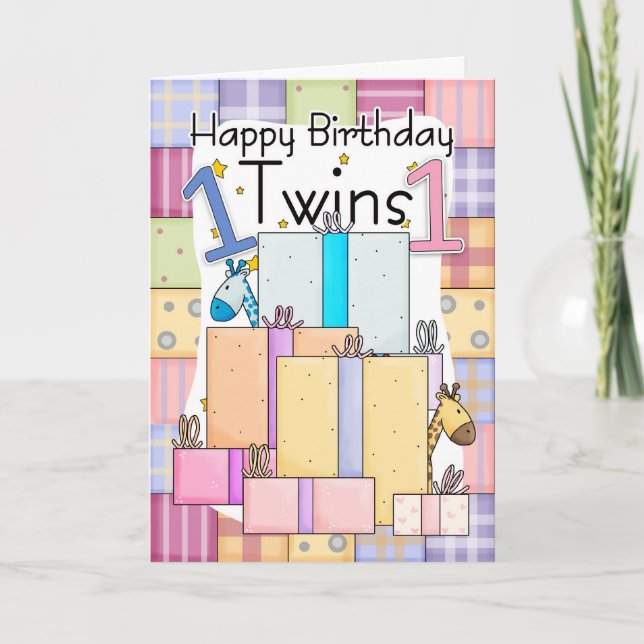 Carte Jumeaux Premier Anniversaire - Cadeaux (Devant)