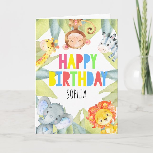 Carte Jungle Safari Animaux Personnalisés Filles d'Anniv (Devant)
