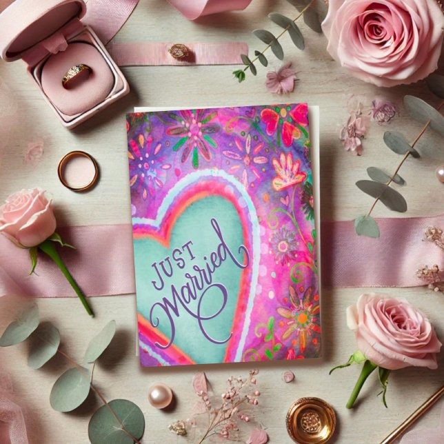 Carte Juste Marié Joli Coeur Floral Mariage pourpre (Créateur téléchargé)